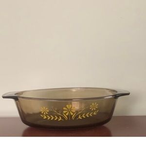 glasbake black casserole dish - black glass - yellow flowers - textured glass​​